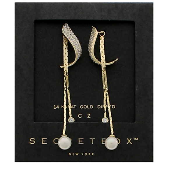 CZ & Pearl Double Linear Drop Earrings - Picture 1 of 1